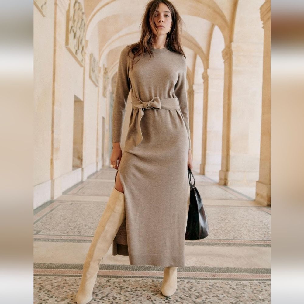 Sezane Piana Heather Brown Wool Midi Dress Size S